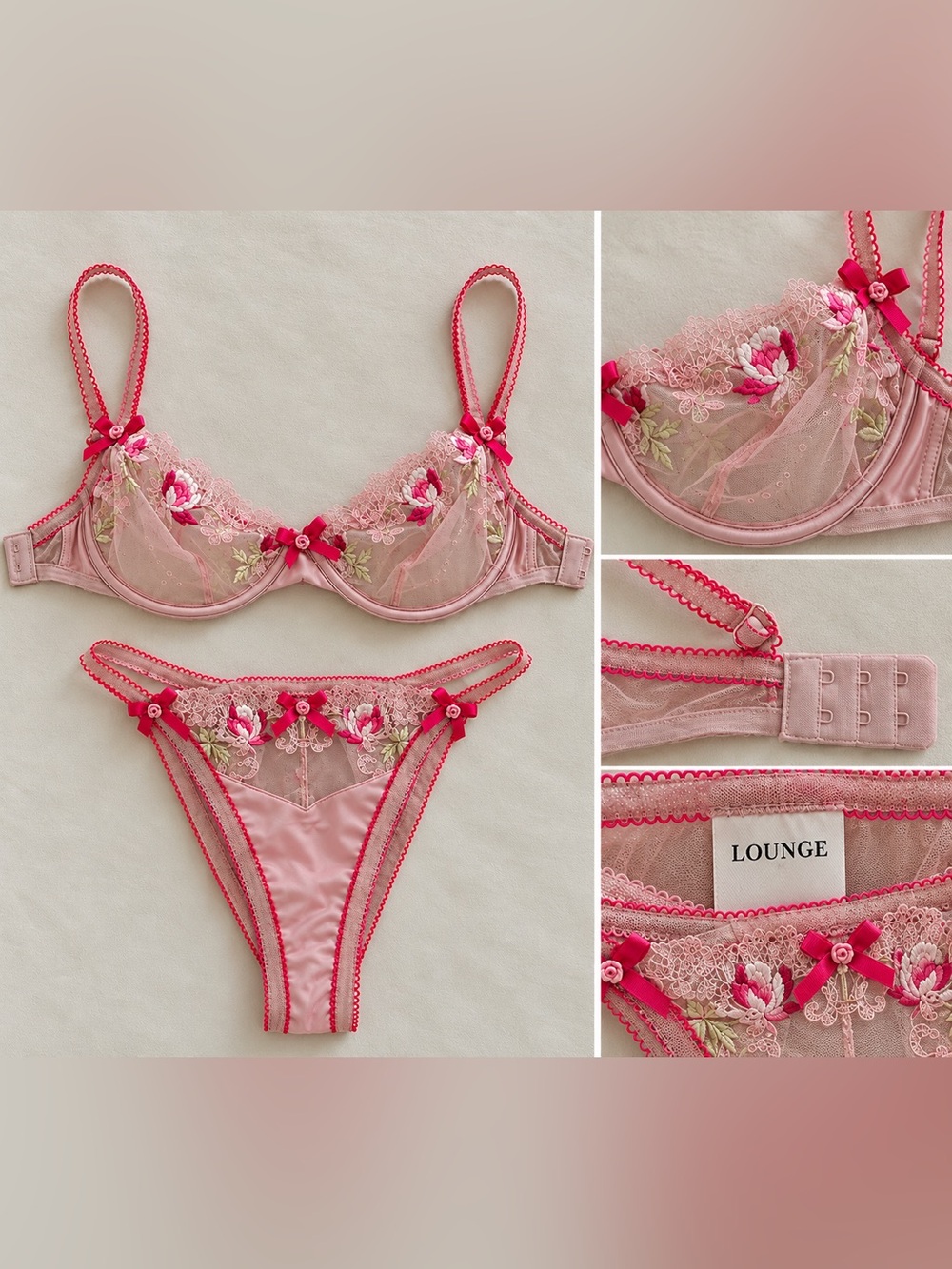 Pink Floral Embroidered Underwire Bra & Thong Set